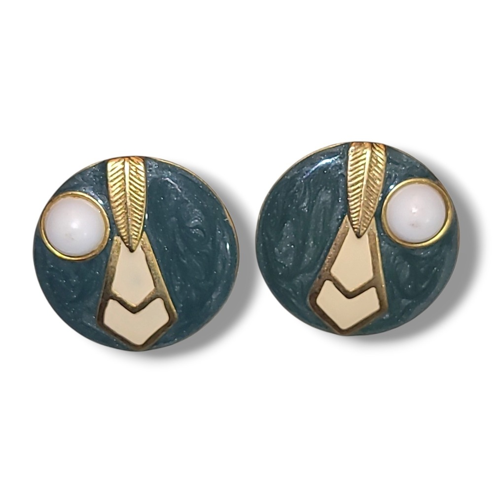 Vintage 80s Teal Green Enamel Disc Earrings Gold Tone White Cabochon Pierced‎
